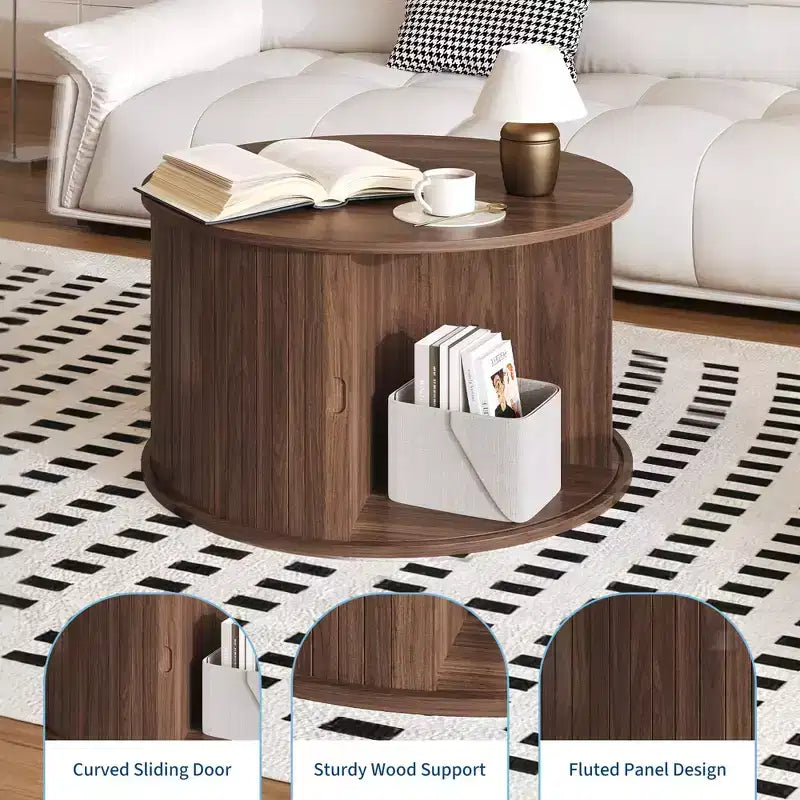Tavolino da caffè rotondo con contenitore, tavolino da caffè con pannelli scanalati, anta scorrevole curva e ripiano a vista, tavolino moderno in legno