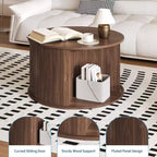 Tavolino da caffè rotondo con contenitore, tavolino da caffè con pannelli scanalati, anta scorrevole curva e ripiano a vista, tavolino moderno in legno