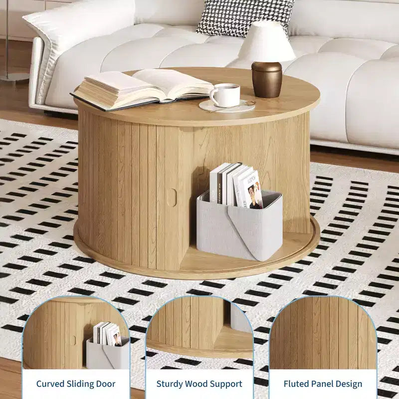 Tavolino da caffè rotondo con contenitore, tavolino da caffè con pannelli scanalati, anta scorrevole curva e ripiano a vista, tavolino moderno in legno