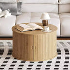 Tavolino da caffè rotondo con contenitore, tavolino da caffè con pannelli scanalati, anta scorrevole curva e ripiano a vista, tavolino moderno in legno
