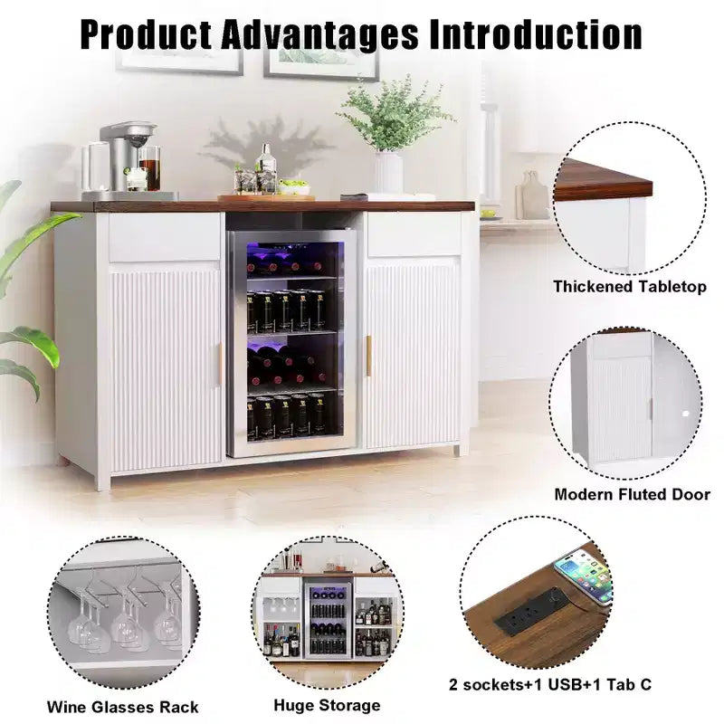 Mobile bar bianco con spazio per frigo e contenitore, larghezza 135 cm, design a 2 ante scanalate per 1–2 utenti