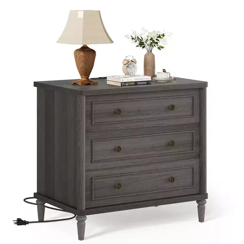 Comodino rustico a 3 cassetti con presa elettrica, stile Mid-Century, per adulti (2 colori)