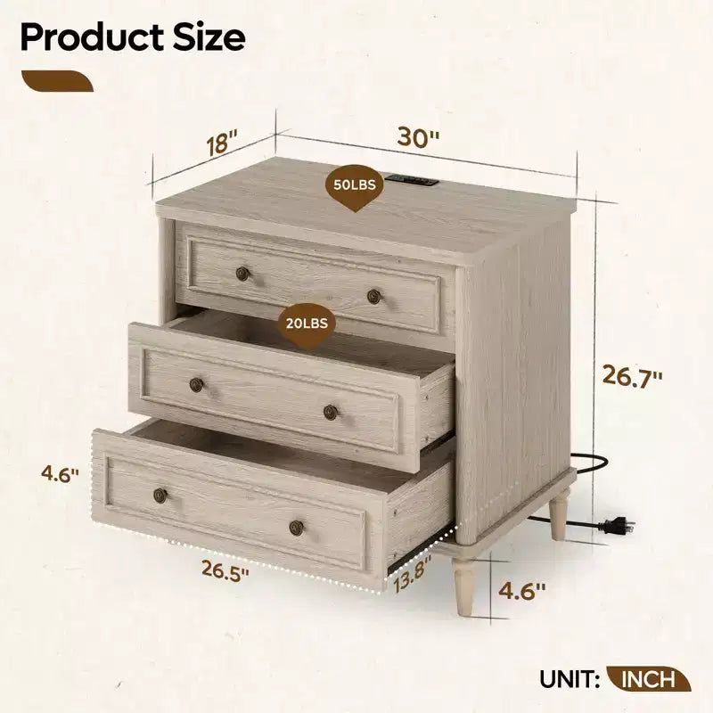 Comodino rustico a 3 cassetti con presa elettrica, stile Mid-Century, per adulti (2 colori)