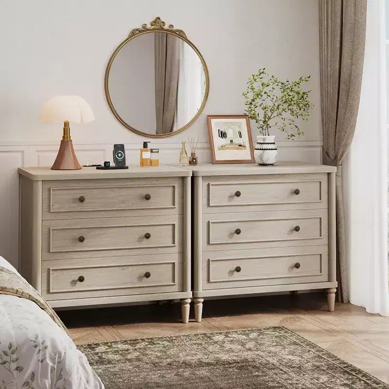 Comodino rustico a 3 cassetti con presa elettrica, stile Mid-Century, per adulti (2 colori)