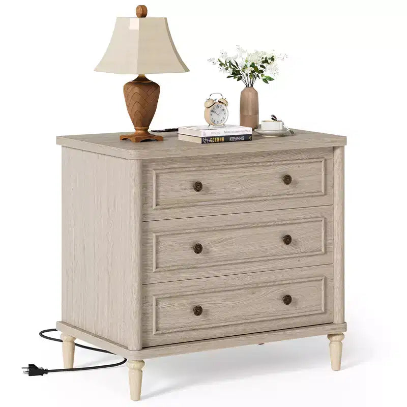 Comodino rustico a 3 cassetti con presa elettrica, stile Mid-Century, per adulti (2 colori)