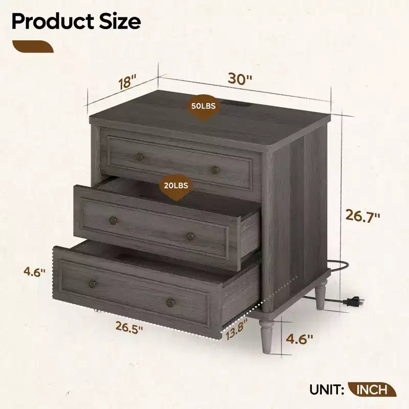 Comodino rustico a 3 cassetti con presa elettrica, stile Mid-Century, per adulti (2 colori)