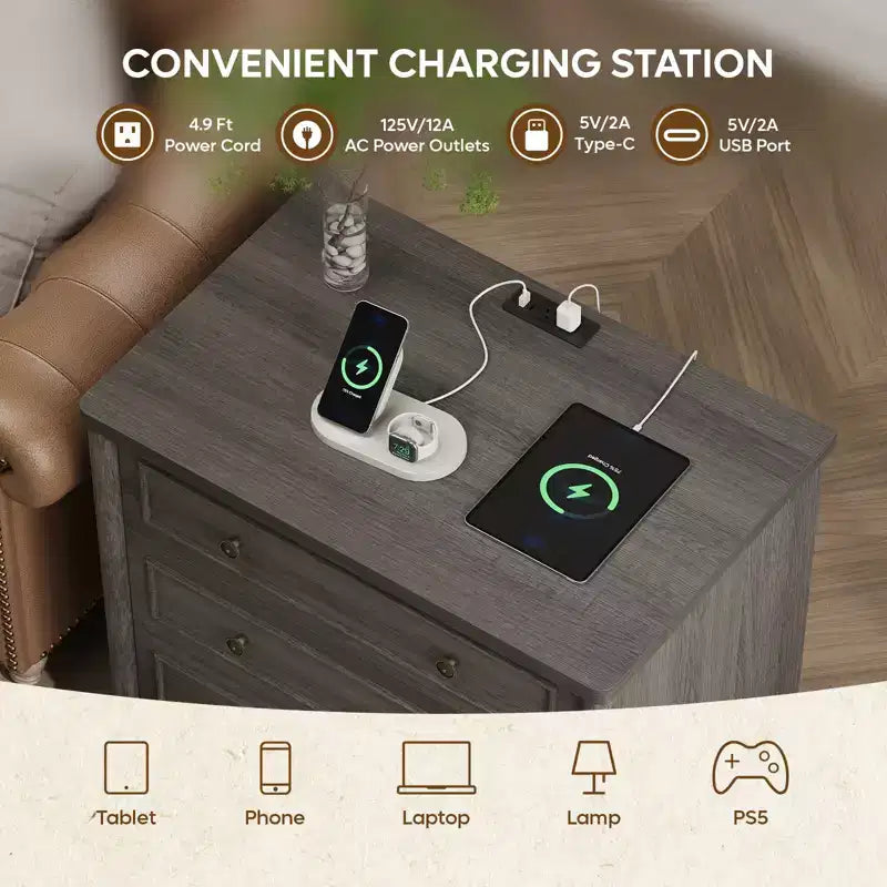 Comodino rustico a 3 cassetti con presa elettrica, stile Mid-Century, per adulti (2 colori)