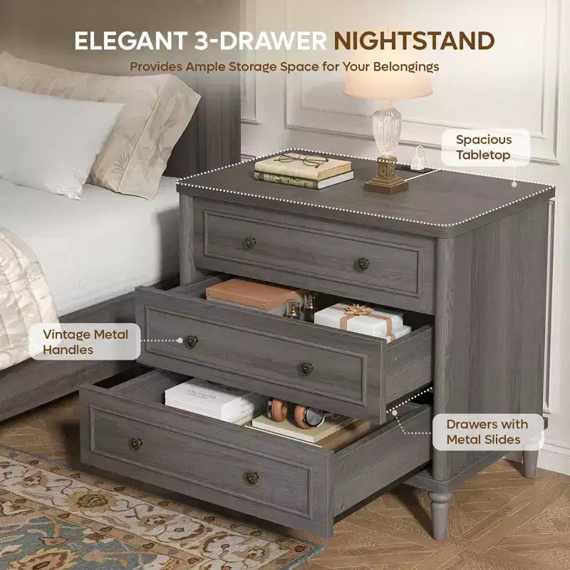 Comodino rustico a 3 cassetti con presa elettrica, stile Mid-Century, per adulti (2 colori)