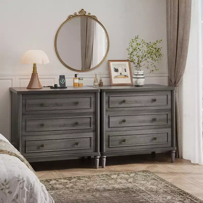 Comodino rustico a 3 cassetti con presa elettrica, stile Mid-Century, per adulti (2 colori)
