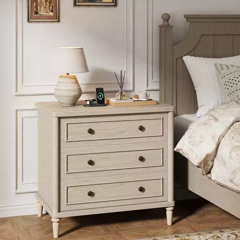 Comodino rustico a 3 cassetti con presa elettrica, stile Mid-Century, per adulti (2 colori)