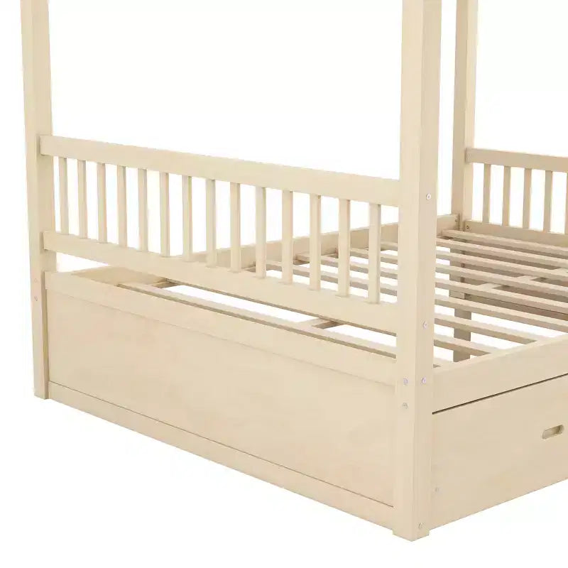 Letto a Baldacchino in Legno Naturale/Noce con Cassetti Contenitori, Queen/King, 2 Posti