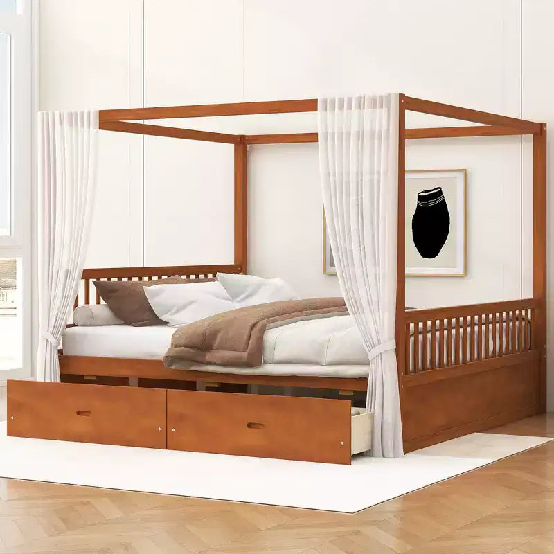 Letto a Baldacchino in Legno Naturale/Noce con Cassetti Contenitori, Queen/King, 2 Posti