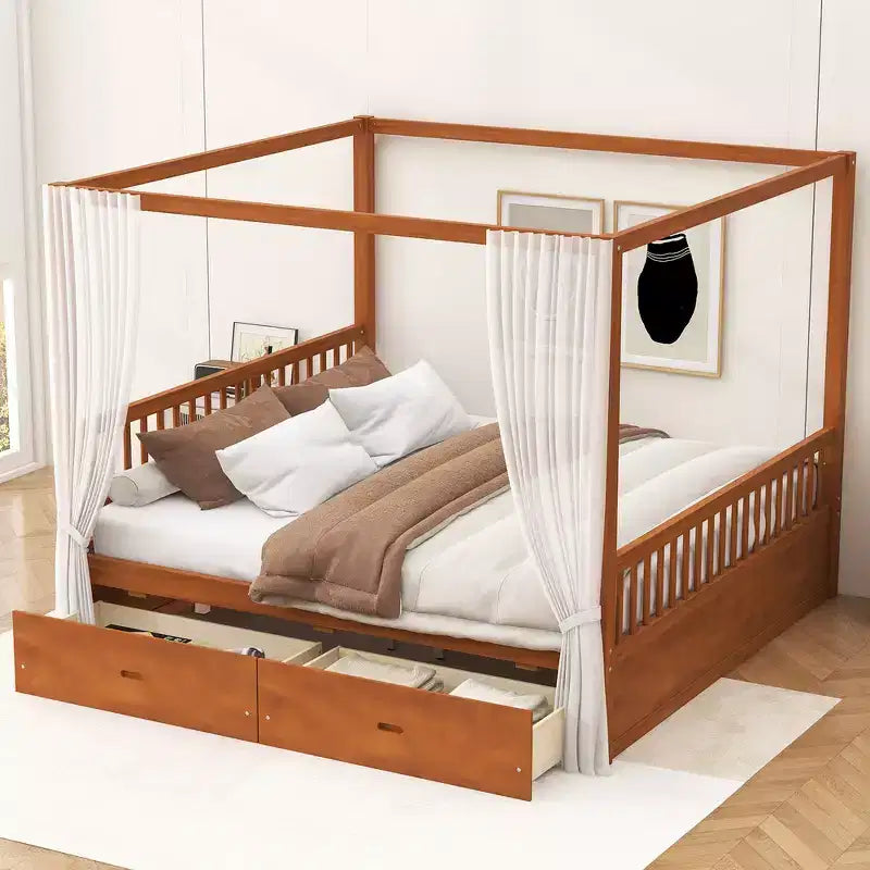 Letto a Baldacchino in Legno Naturale/Noce con Cassetti Contenitori, Queen/King, 2 Posti