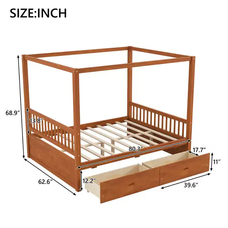 Letto a Baldacchino in Legno Naturale/Noce con Cassetti Contenitori, Queen/King, 2 Posti