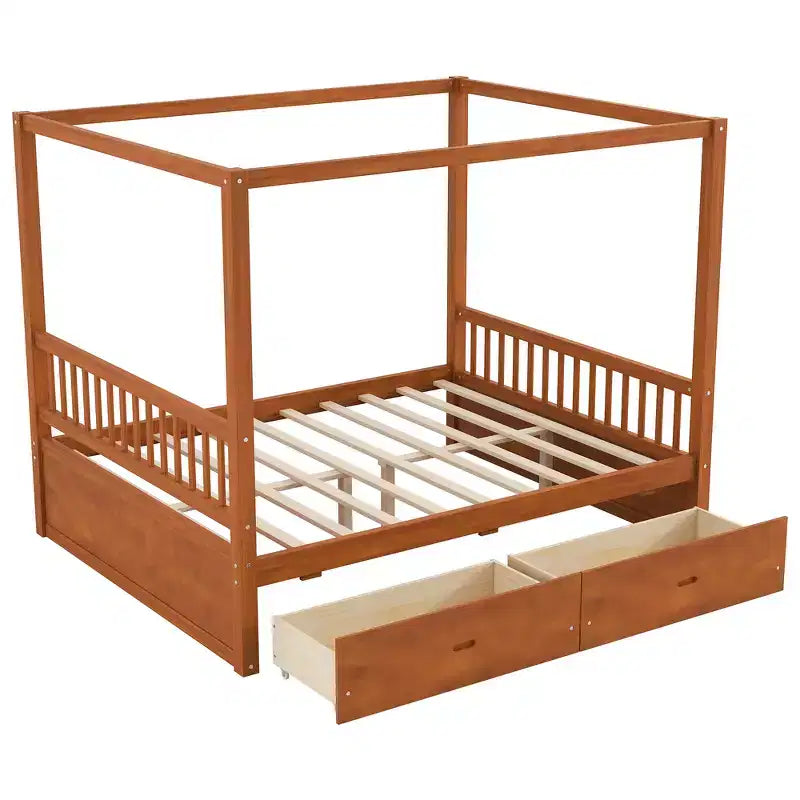 Letto a Baldacchino in Legno Naturale/Noce con Cassetti Contenitori, Queen/King, 2 Posti