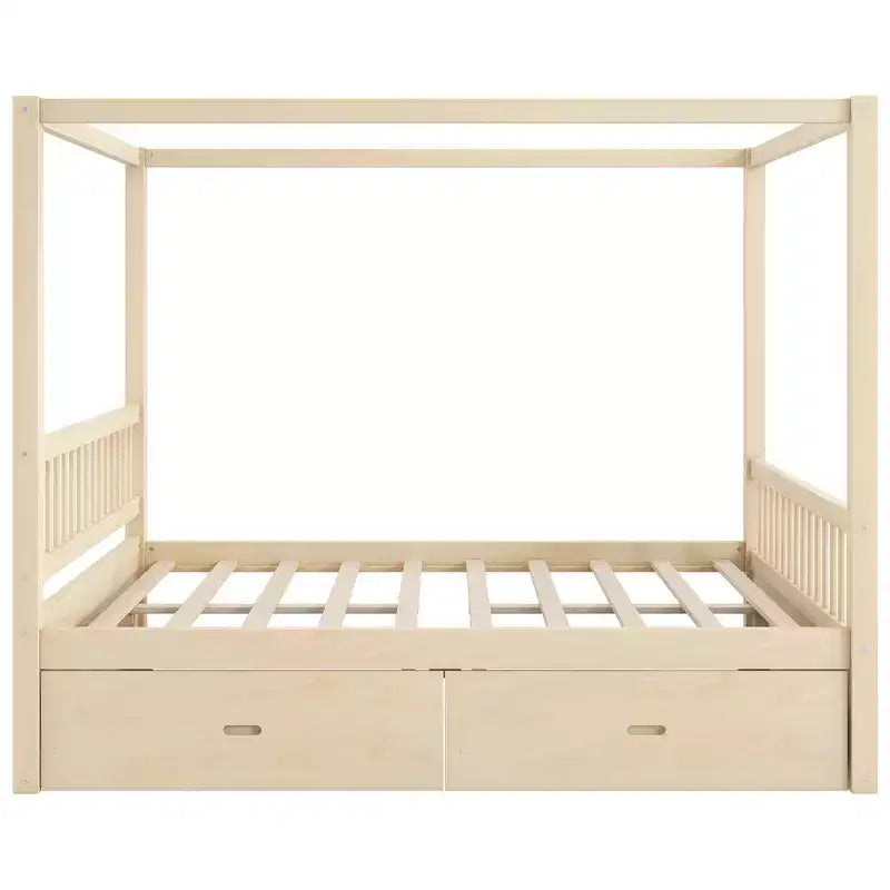 Letto a Baldacchino in Legno Naturale/Noce con Cassetti Contenitori, Queen/King, 2 Posti