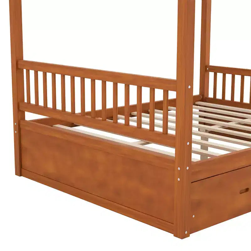 Letto a Baldacchino in Legno Naturale/Noce con Cassetti Contenitori, Queen/King, 2 Posti