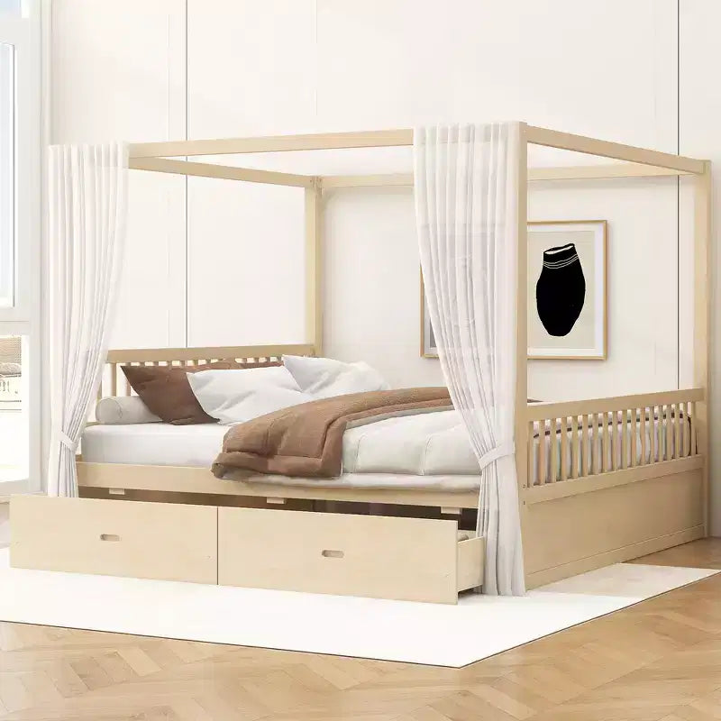 Letto a Baldacchino in Legno Naturale/Noce con Cassetti Contenitori, Queen/King, 2 Posti
