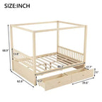 Letto a Baldacchino in Legno Naturale/Noce con Cassetti Contenitori, Queen/King, 2 Posti