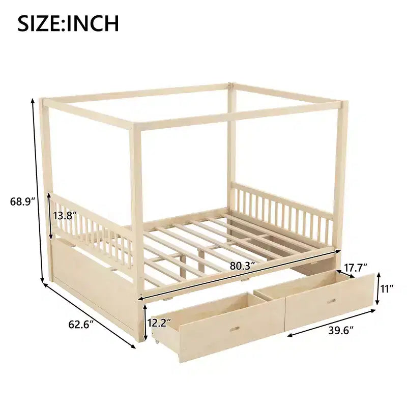 Letto a Baldacchino in Legno Naturale/Noce con Cassetti Contenitori, Queen/King, 2 Posti