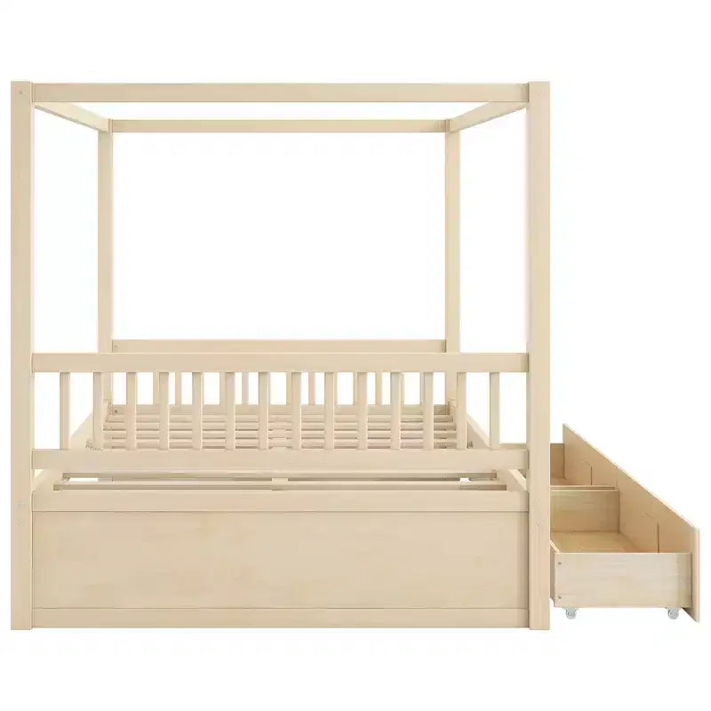 Letto a Baldacchino in Legno Naturale/Noce con Cassetti Contenitori, Queen/King, 2 Posti