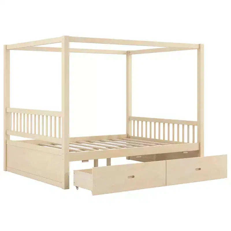 Letto a Baldacchino in Legno Naturale/Noce con Cassetti Contenitori, Queen/King, 2 Posti