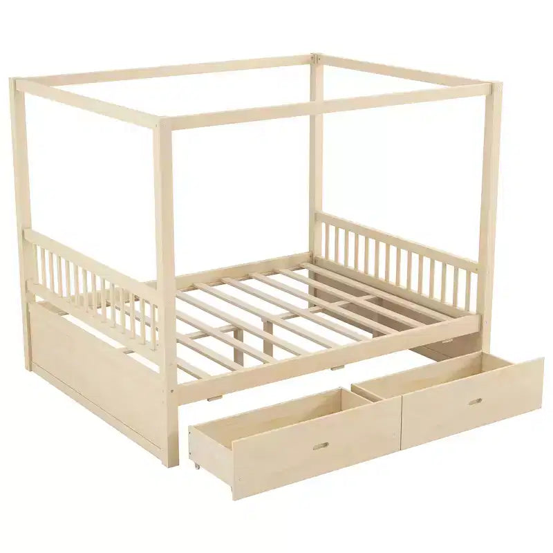 Letto a Baldacchino in Legno Naturale/Noce con Cassetti Contenitori, Queen/King, 2 Posti