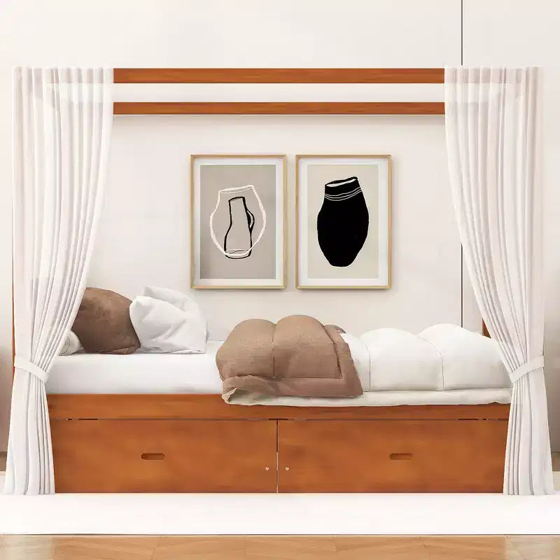 Letto a Baldacchino in Legno Naturale/Noce con Cassetti Contenitori, Queen/King, 2 Posti