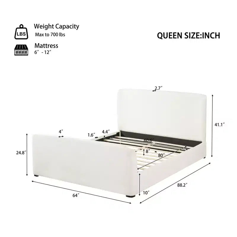 Letto Queen imbottito in tessuto Boucle bianco con testiera e pediera imbottite