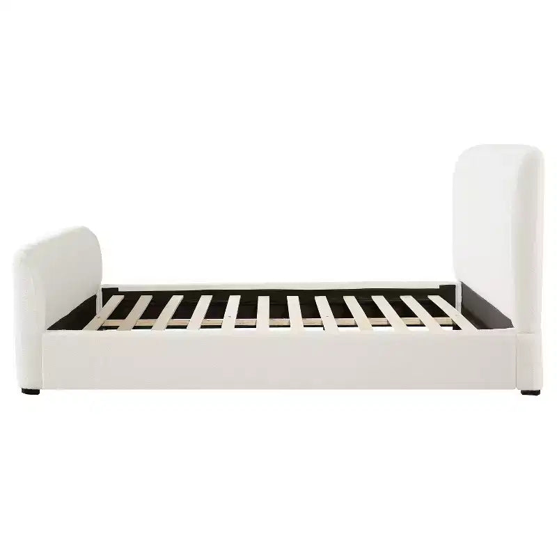 Letto Queen imbottito in tessuto Boucle bianco con testiera e pediera imbottite
