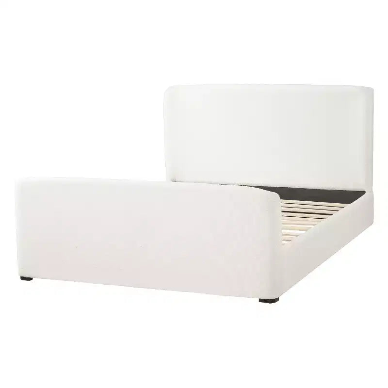 Letto Queen imbottito in tessuto Boucle bianco con testiera e pediera imbottite