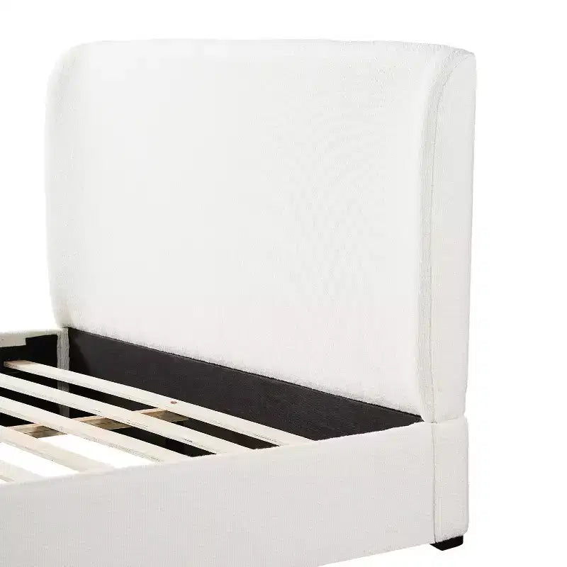 Letto Queen imbottito in tessuto Boucle bianco con testiera e pediera imbottite