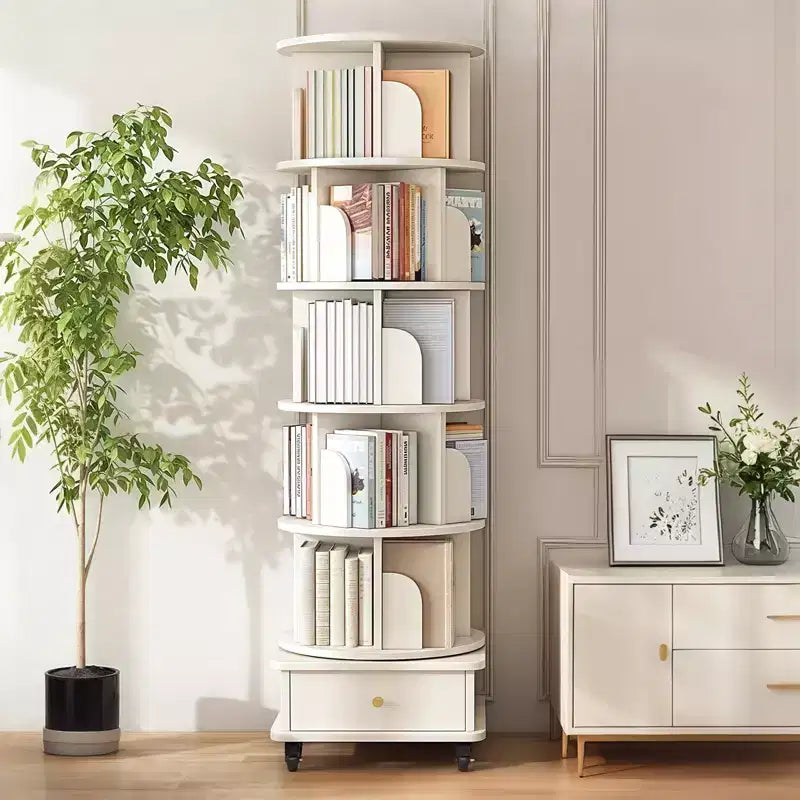 Libreria Girevole a 360° a 6 Ripiani con Cassetto e Ruote – Bianco Caldo, Utente Singolo