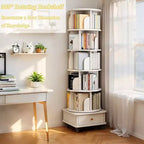 Libreria Girevole a 360° a 6 Ripiani con Cassetto e Ruote – Bianco Caldo, Utente Singolo