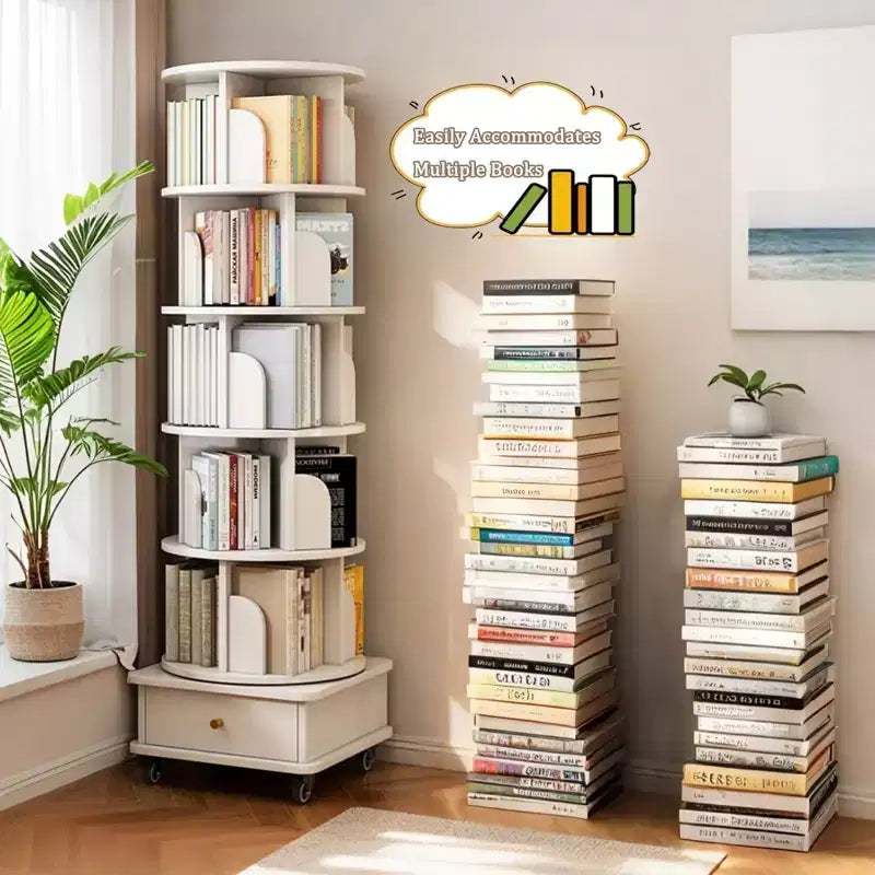Libreria Girevole a 360° a 6 Ripiani con Cassetto e Ruote – Bianco Caldo, Utente Singolo