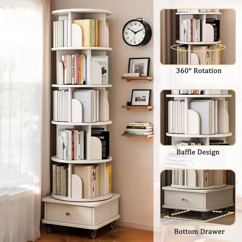 Libreria Girevole a 360° a 6 Ripiani con Cassetto e Ruote – Bianco Caldo, Utente Singolo