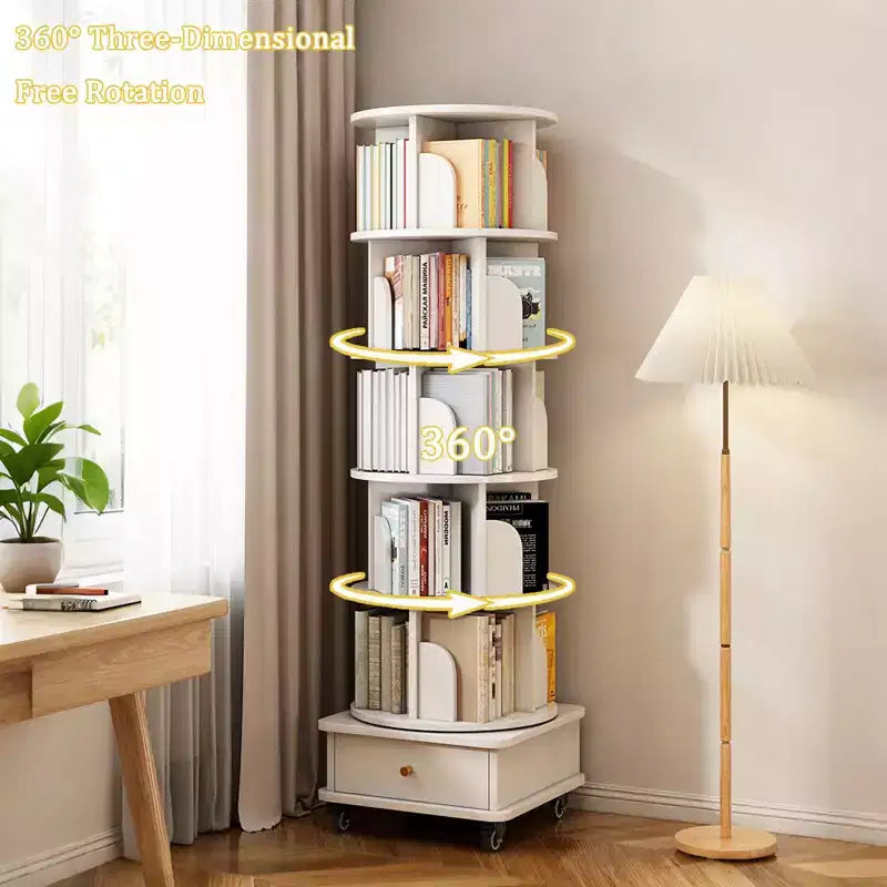 Libreria Girevole a 360° a 6 Ripiani con Cassetto e Ruote – Bianco Caldo, Utente Singolo