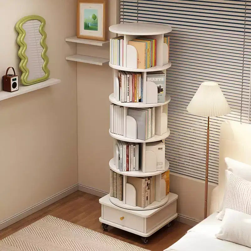 Libreria Girevole a 360° a 6 Ripiani con Cassetto e Ruote – Bianco Caldo, Utente Singolo