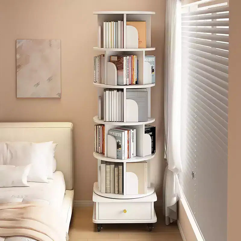 Libreria Girevole a 360° a 6 Ripiani con Cassetto e Ruote – Bianco Caldo, Utente Singolo