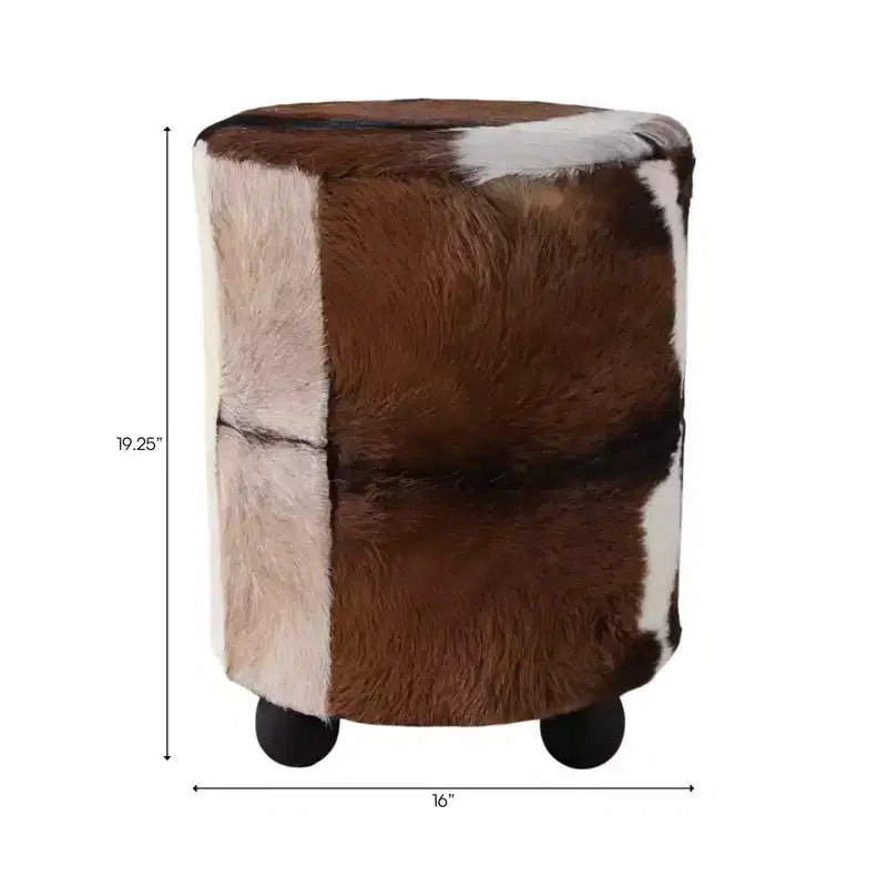 Pouf Contenitore Decorativo con Stampa Mucca e Piedini a Sfera - Comodo Pouf Poggiapiedi Versatile, Sgabello per Soggiorno - 20 pollici, Marrone e Avorio