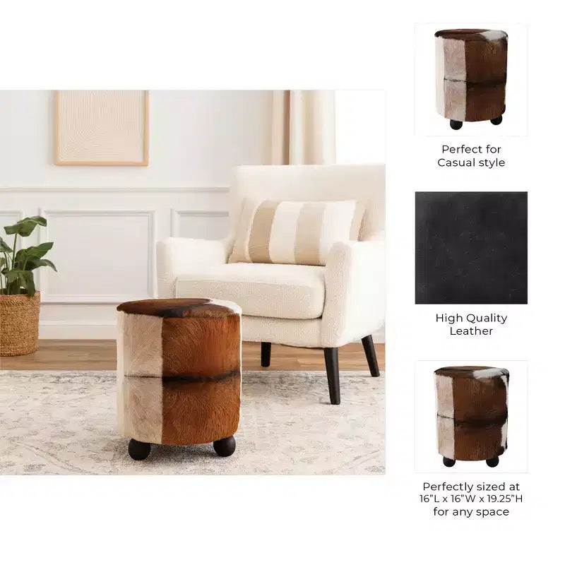 Pouf Contenitore Decorativo con Stampa Mucca e Piedini a Sfera - Comodo Pouf Poggiapiedi Versatile, Sgabello per Soggiorno - 20 pollici, Marrone e Avorio