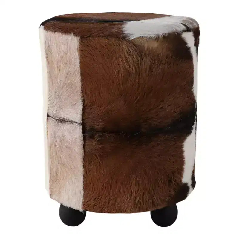 Pouf Contenitore Decorativo con Stampa Mucca e Piedini a Sfera - Comodo Pouf Poggiapiedi Versatile, Sgabello per Soggiorno - 20 pollici, Marrone e Avorio