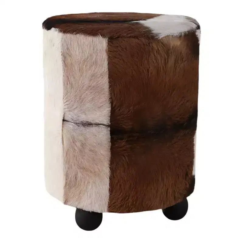 Pouf Contenitore Decorativo con Stampa Mucca e Piedini a Sfera - Comodo Pouf Poggiapiedi Versatile, Sgabello per Soggiorno - 20 pollici, Marrone e Avorio