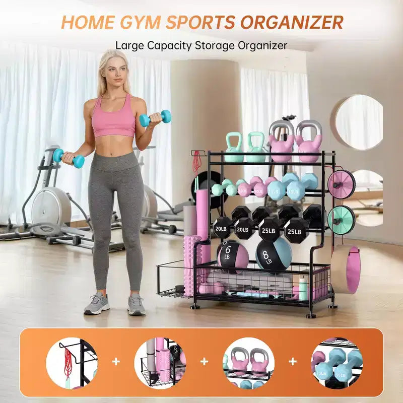 Rastrelliera per Attrezzi Fitness a 4 Livelli Compatta: Contiene Manubri, Tappetini Yoga e Altro, Resistente Fino a 10 kg, Organizer Salvaspazio 46,7x39,5x25,4 cm per Palestre Domestiche