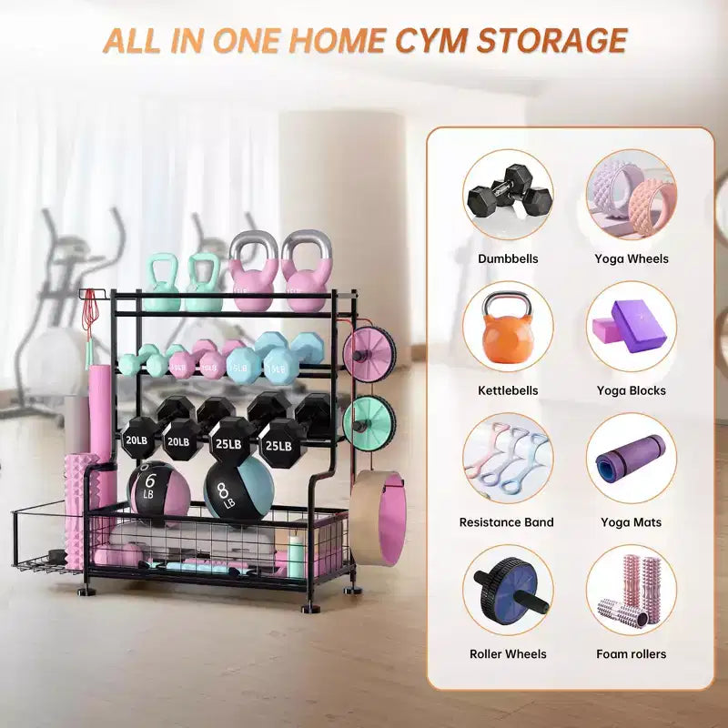Rastrelliera per Attrezzi Fitness a 4 Livelli Compatta: Contiene Manubri, Tappetini Yoga e Altro, Resistente Fino a 10 kg, Organizer Salvaspazio 46,7x39,5x25,4 cm per Palestre Domestiche