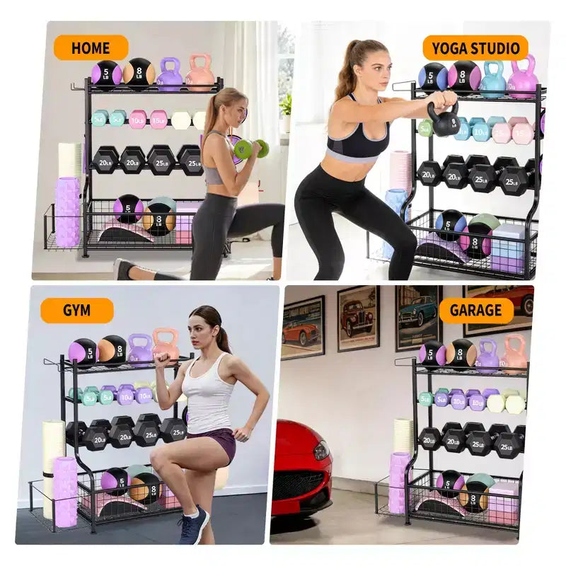 Rastrelliera per Attrezzi Fitness a 4 Livelli Compatta: Contiene Manubri, Tappetini Yoga e Altro, Resistente Fino a 10 kg, Organizer Salvaspazio 46,7x39,5x25,4 cm per Palestre Domestiche