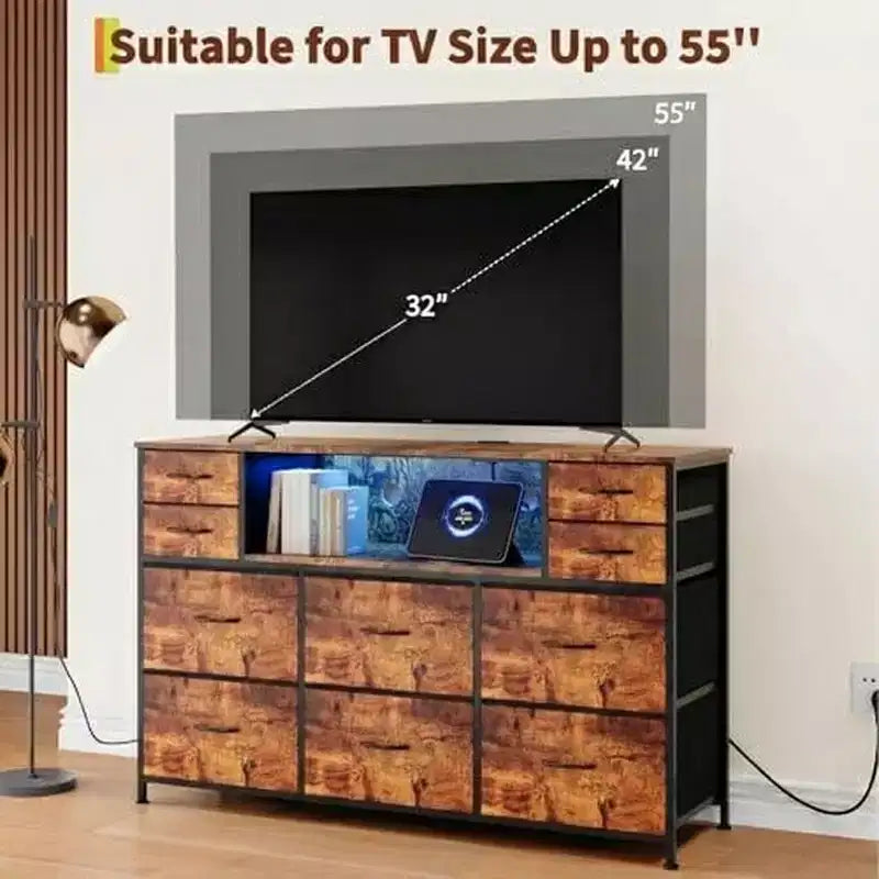 Cassettiera con struttura in metallo, mobili contenitore con 11 cassetti in tessuto, mobile TV con luci LED e stazione di ricarica, adatta per camera da letto e soggiorno