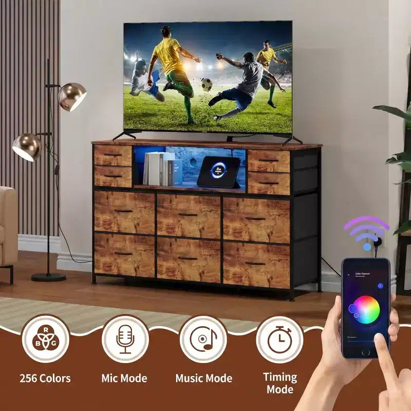 Cassettiera con struttura in metallo, mobili contenitore con 11 cassetti in tessuto, mobile TV con luci LED e stazione di ricarica, adatta per camera da letto e soggiorno
