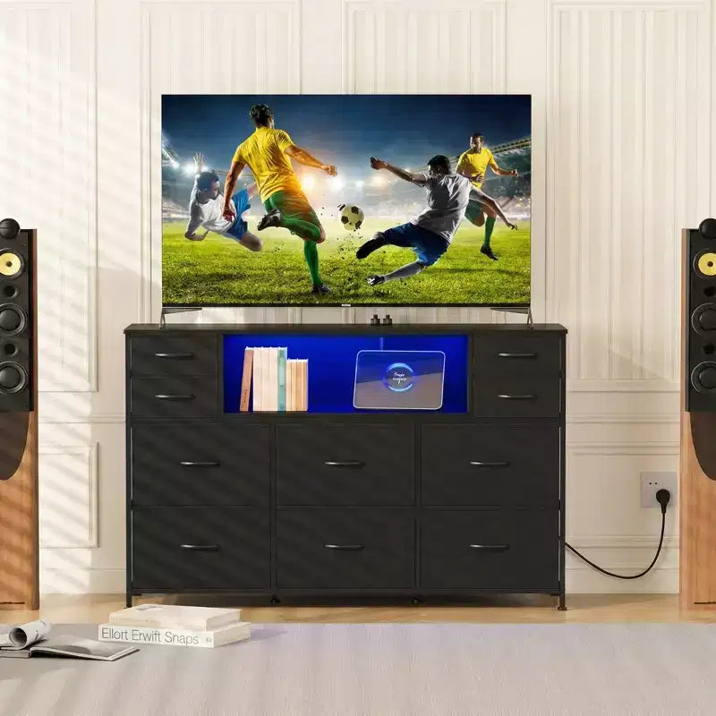Cassettiera con struttura in metallo, mobili contenitore con 11 cassetti in tessuto, mobile TV con luci LED e stazione di ricarica, adatta per camera da letto e soggiorno