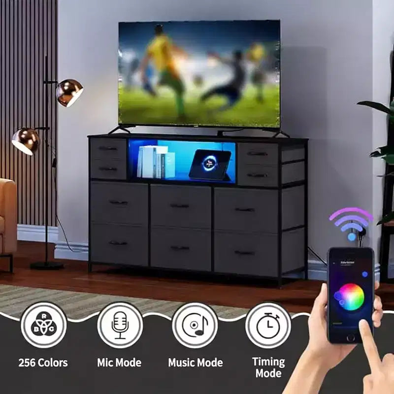 Cassettiera con struttura in metallo, mobili contenitore con 11 cassetti in tessuto, mobile TV con luci LED e stazione di ricarica, adatta per camera da letto e soggiorno